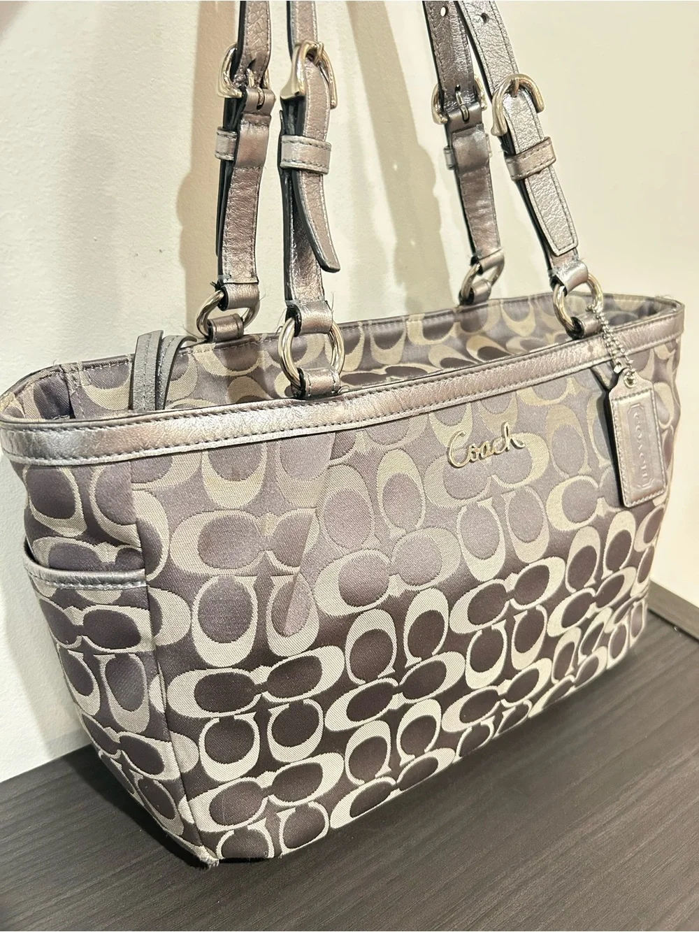 Coach  F17676 Gray Signature Jacquard East West Tote Bag w Metallic Leather Trim